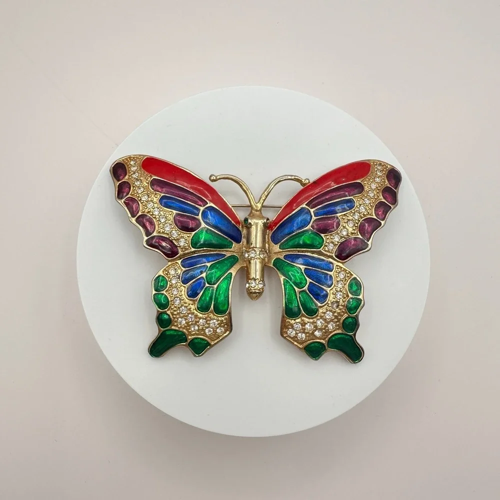 Vintage 90s Gold Tone Butterfly Brooch Enamel Glass Boho Jewelry